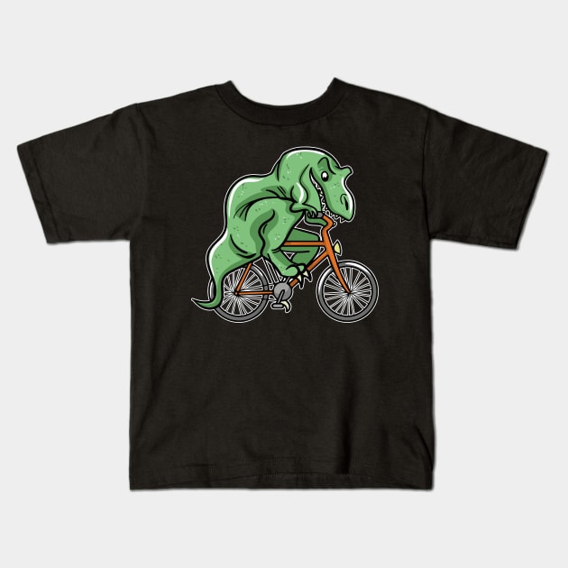 Funny T rex Riding Bicycle Kids T-Shirt by LetsBeginDesigns